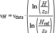 v_H=v_data * (ln(H/z_o)/ln(H_ref/z_o)) 